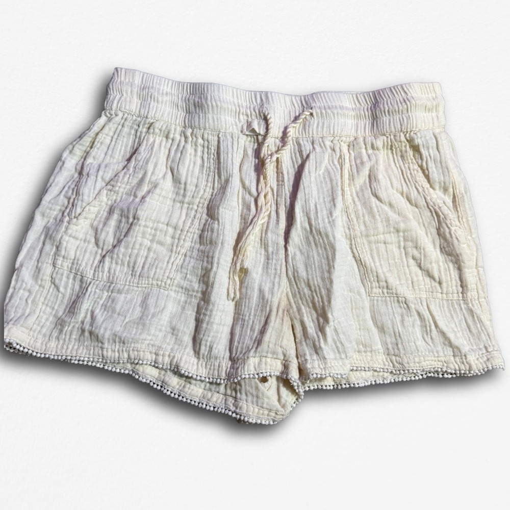 Kensie Cream Gauze Drawstring Shorts Pom Pom Trim Pockets Womens Large
